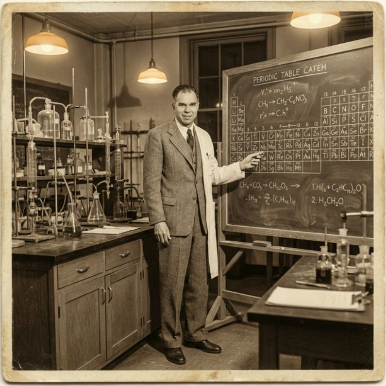 Retrato de Glenn T. Seaborg à frente da tabela periódica